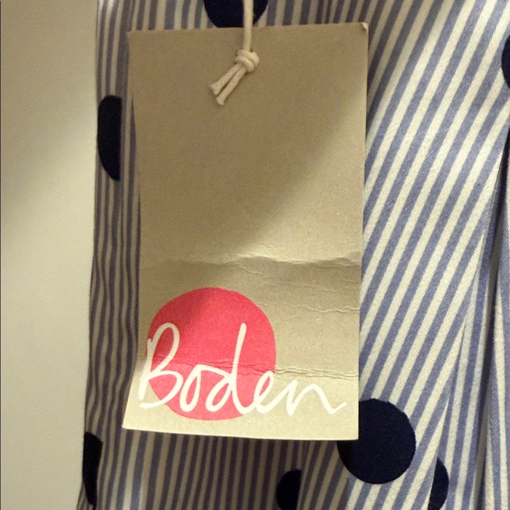 Boden Navy Polka Dot A-Line Midi Skirt on White Pinstripe - Picture 2 of 4